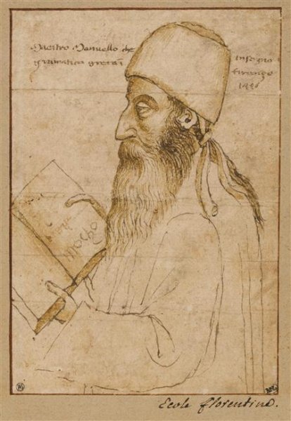 Portrait of Manuel Chrysoloras wearing a hat and holding a book